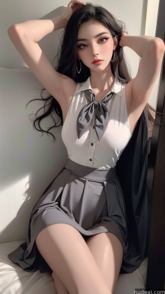 arafed woman in a white shirt and gray skirt posing on a bed