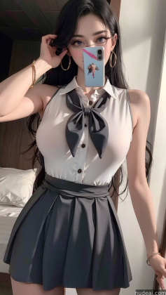 araffed asian woman in a white shirt and black skirt taking a selfie