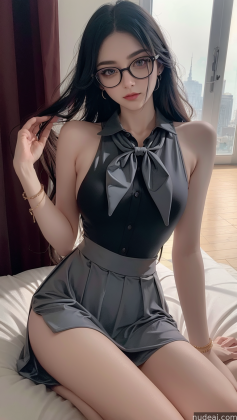 araffed asian woman in a black top and grey skirt
