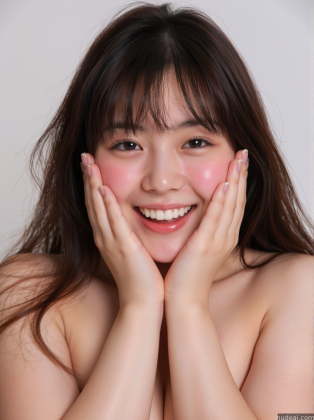 arafed asian woman with a pink lip and a smile