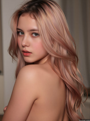 blond woman with long pink hair posing naked in a room